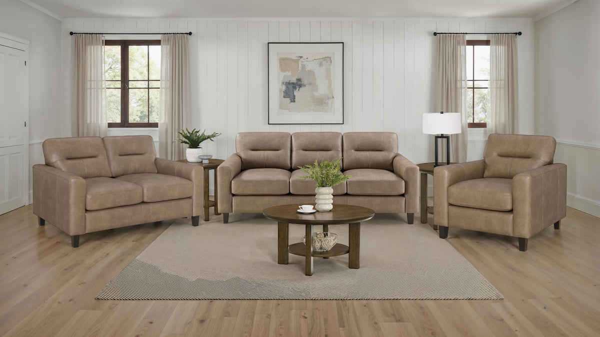 Scotland Track Arm Sofa, Loveseat & Chair - Brown Faux Leather Living Room Sets – view 18