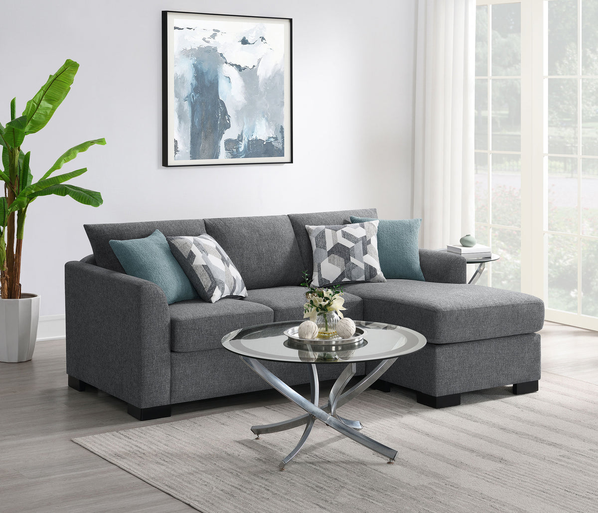 Storey Sleeper Sectional Sofa with Chaise - Grey Chenille with Rounded Track Arms & Accent Pillows – view 1