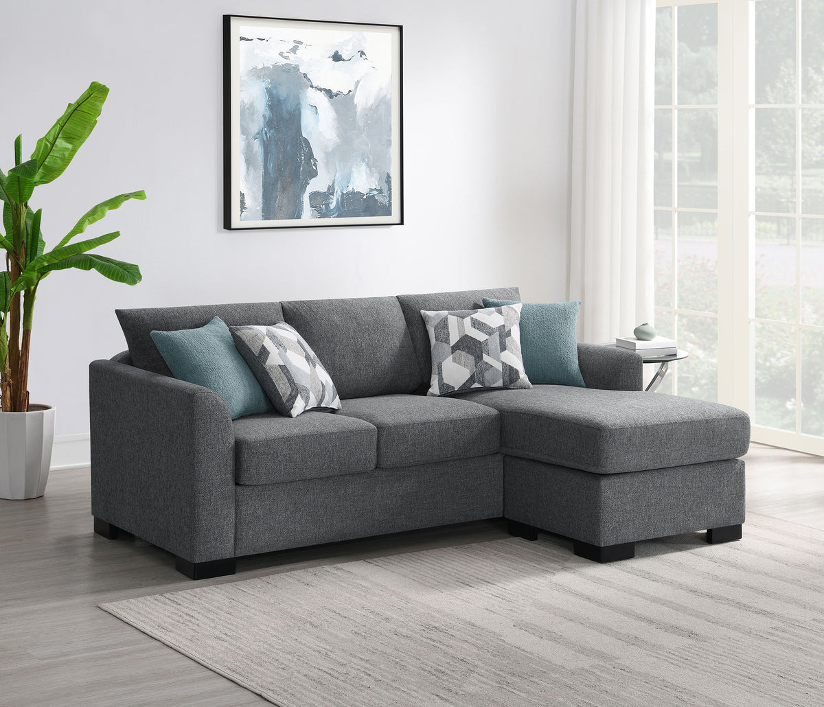 Storey Sleeper Sectional Sofa with Chaise - Grey Chenille with Rounded Track Arms & Accent Pillows – view 3