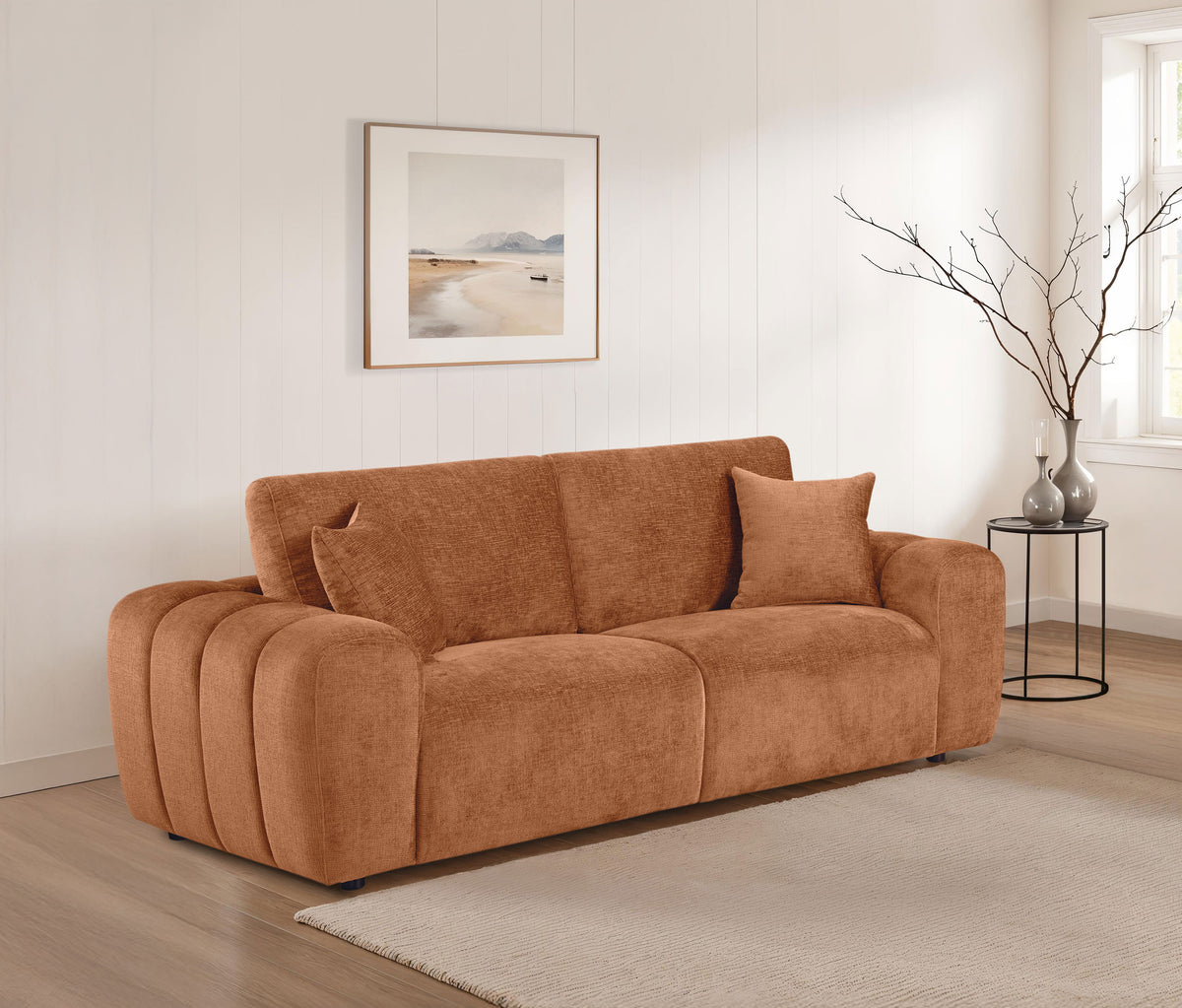 Burnett Wide Arm Chenille Sofa, Loveseat, Chair & Ottoman - Burnt Orange Contemporary Living Room Sets – view 1