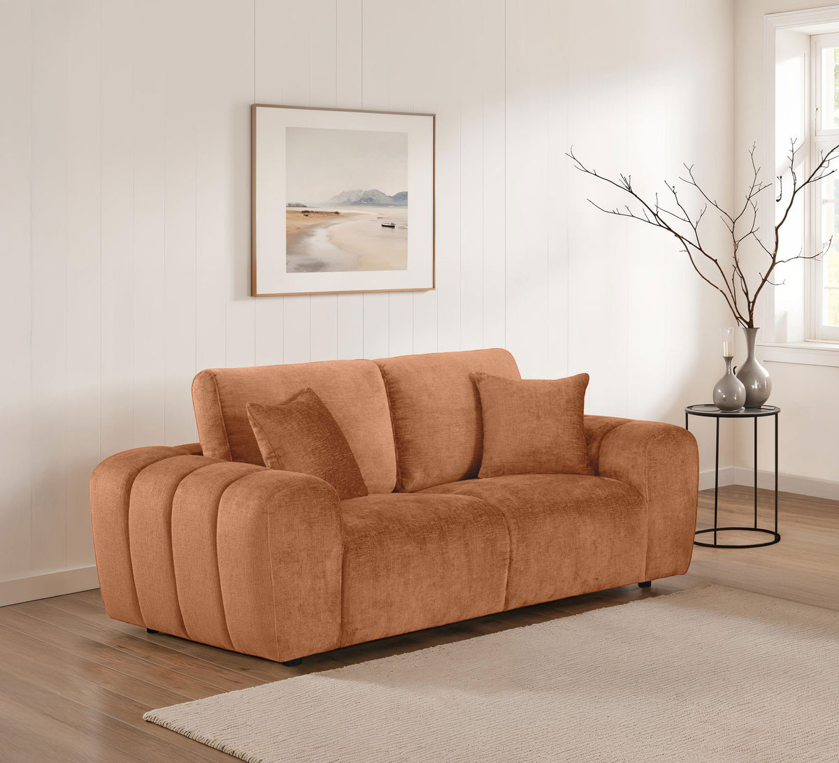 Burnett Wide Arm Chenille Sofa, Loveseat, Chair & Ottoman - Burnt Orange Contemporary Living Room Sets – view 20
