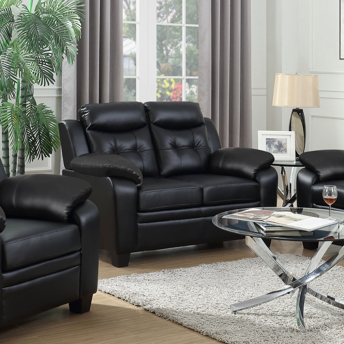 Finley Tufted Sofa, Loveseat & Chair - Black Faux Leather with Padded Headrests & Pocket Coil Seating – view 2