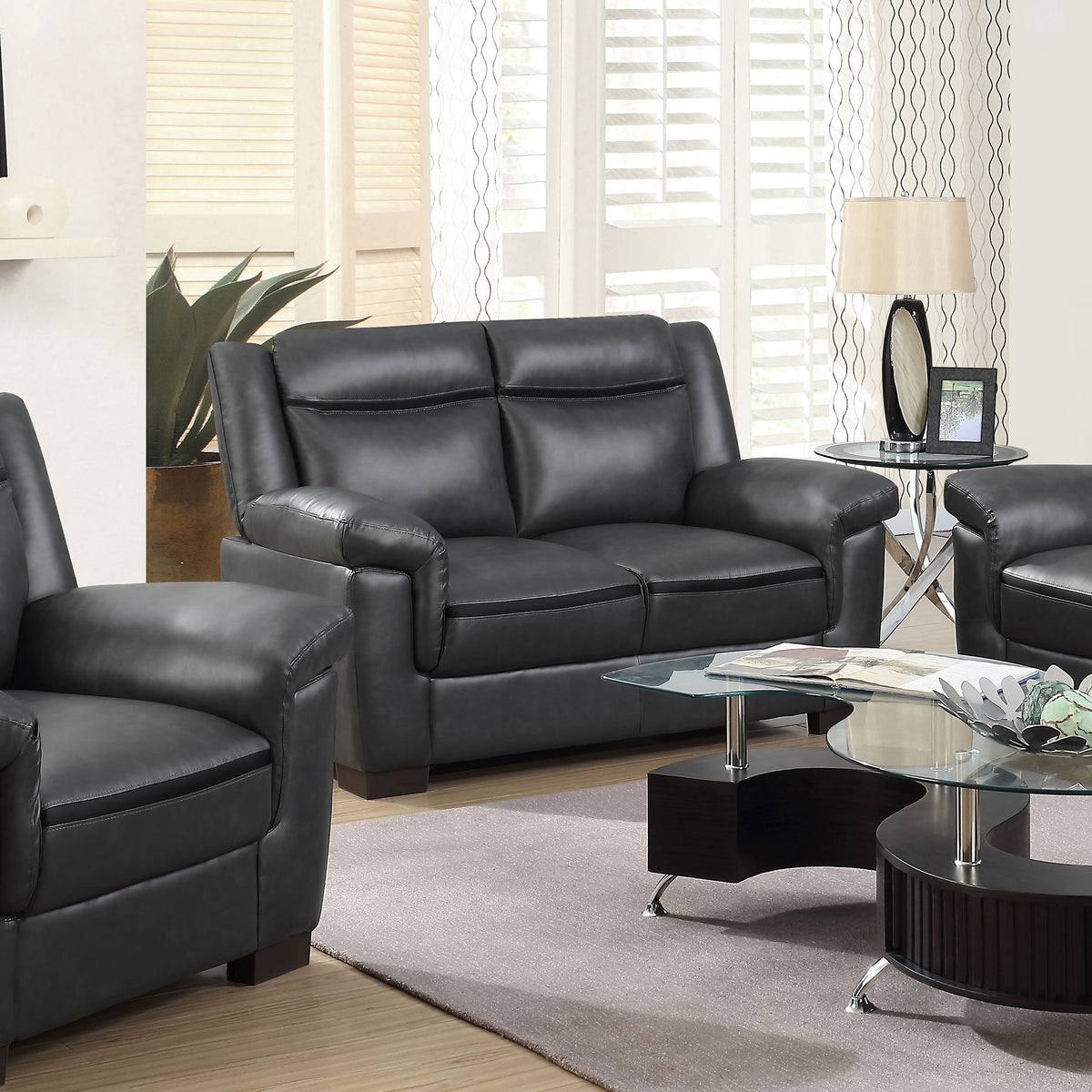Arabella Pillow-Top Arm Sofa, Loveseat & Chair - Grey Faux Leather Living Room Sets with Dark Brown Legs – view 2