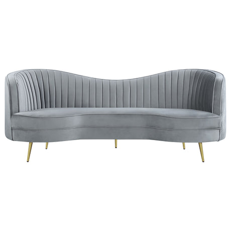Sophia Kidney-Shaped Velvet Sofa, Loveseat & Barrel Chair - Channel Tufted Grey with Gold Legs – view 9