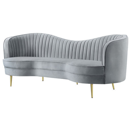 Sophia Kidney-Shaped Velvet Sofa, Loveseat & Barrel Chair - Channel Tufted Grey with Gold Legs – view 10