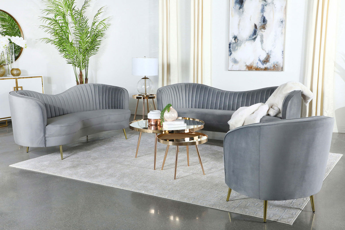 Sophia Kidney-Shaped Velvet Sofa, Loveseat & Barrel Chair - Channel Tufted Grey with Gold Legs – view 16