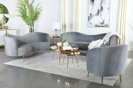Sophia Kidney-Shaped Velvet Sofa, Loveseat & Barrel Chair - Channel Tufted Grey with Gold Legs – view 16