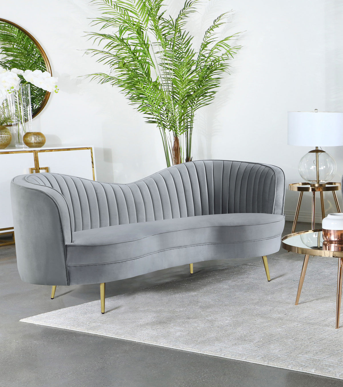 Sophia Kidney-Shaped Velvet Sofa, Loveseat & Barrel Chair - Channel Tufted Grey with Gold Legs – view 2