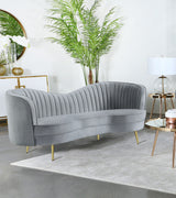 Sophia Kidney-Shaped Velvet Sofa, Loveseat & Barrel Chair - Channel Tufted Grey with Gold Legs – view 2