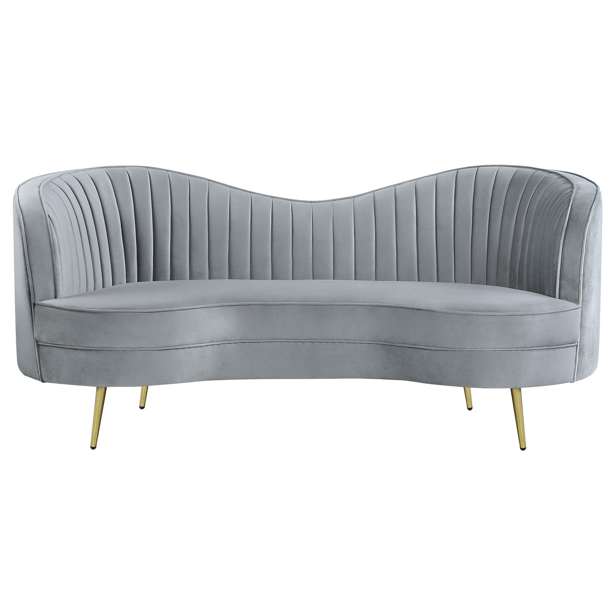 Sophia Kidney-Shaped Velvet Sofa, Loveseat & Barrel Chair - Channel Tufted Grey with Gold Legs – view 17