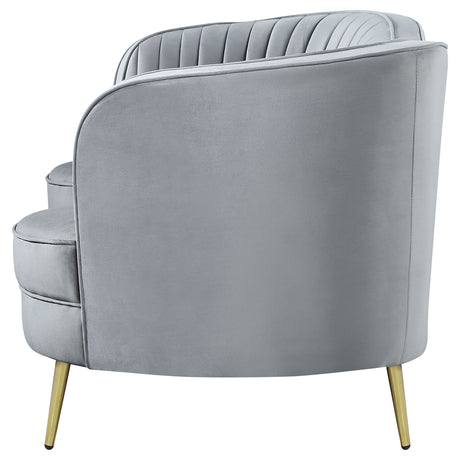 Sophia Kidney-Shaped Velvet Sofa, Loveseat & Barrel Chair - Channel Tufted Grey with Gold Legs – view 19