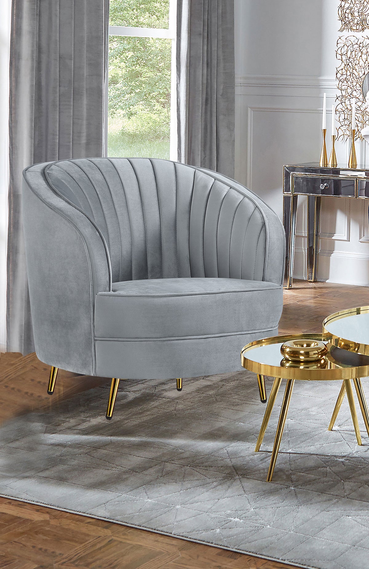 Sophia Kidney-Shaped Velvet Sofa, Loveseat & Barrel Chair - Channel Tufted Grey with Gold Legs - lifestyle