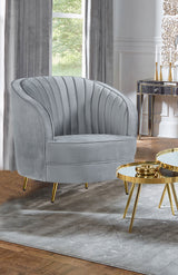 Sophia Kidney-Shaped Velvet Sofa, Loveseat & Barrel Chair - Channel Tufted Grey with Gold Legs - lifestyle