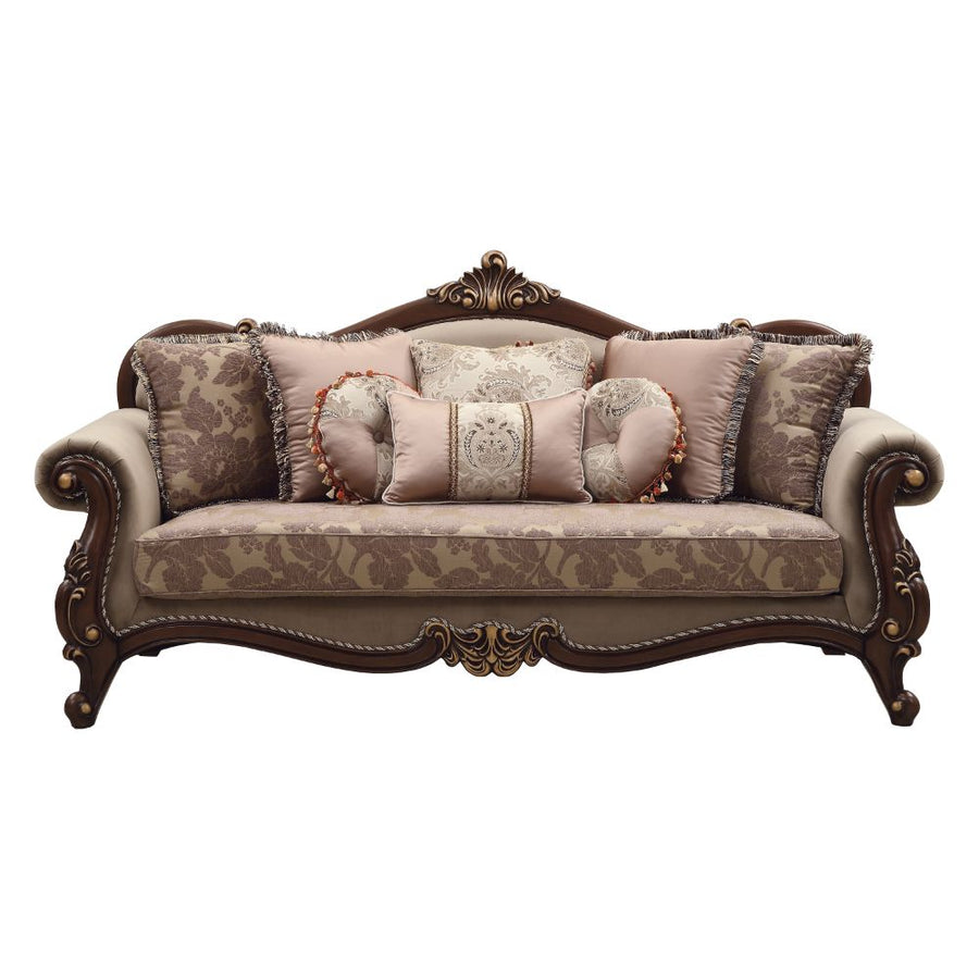 Mehadi Carved Living Room Collection - Arched Velvet Seating & Scalloped Marble Tables in Walnut