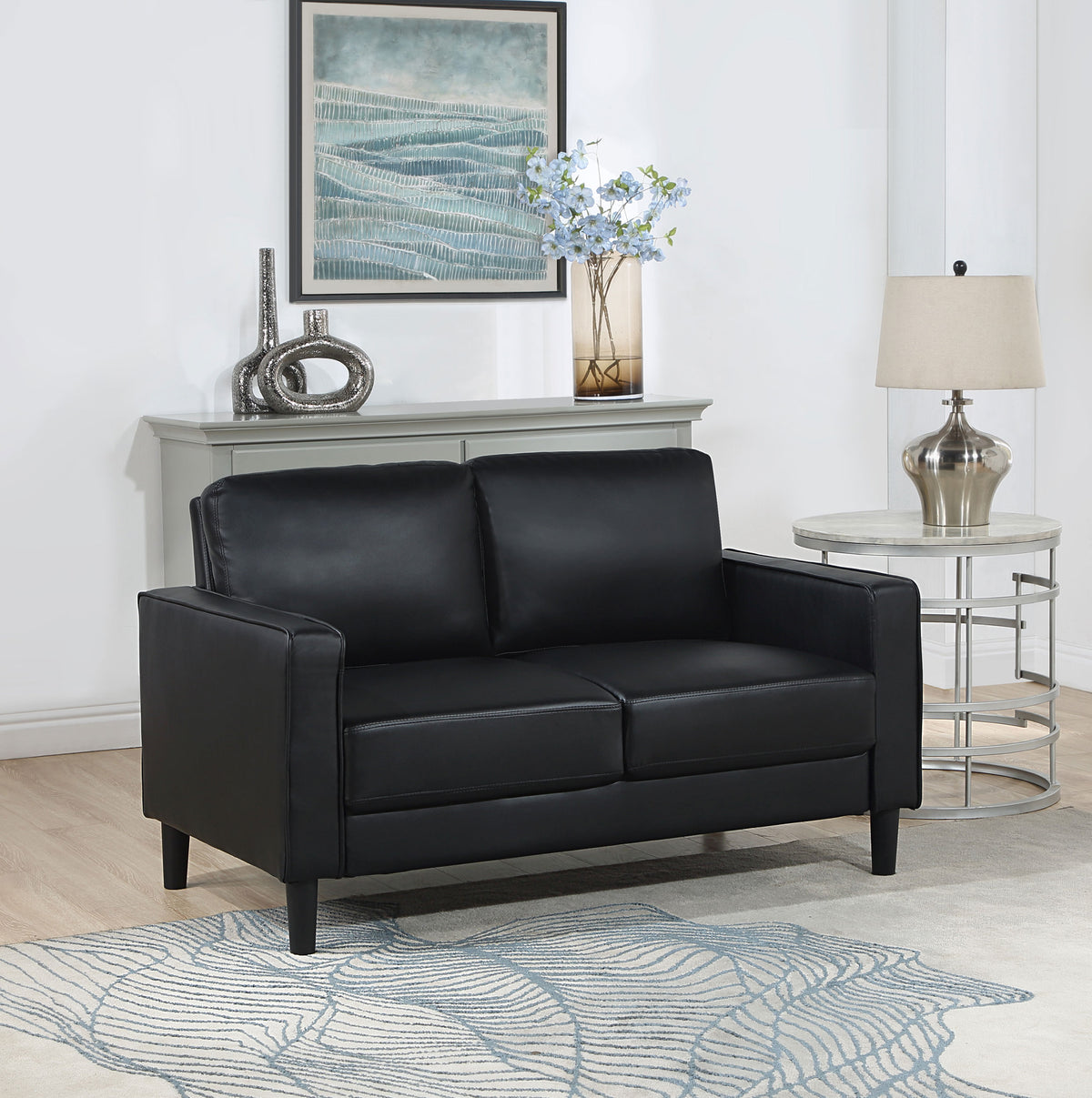Ruth Track Arm Sofa, Loveseat & Accent Chair - Modern Black Faux Leather Living Room Sets – view 2