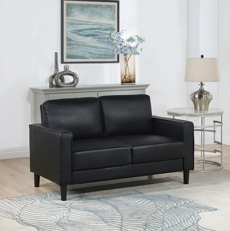 Ruth Track Arm Sofa, Loveseat & Accent Chair - Modern Black Faux Leather Living Room Sets – view 2