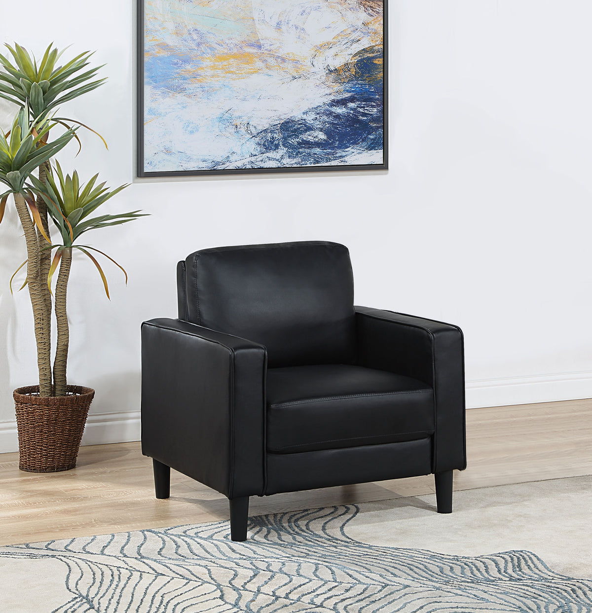 Ruth Track Arm Sofa, Loveseat & Accent Chair - Modern Black Faux Leather Living Room Sets - lifestyle