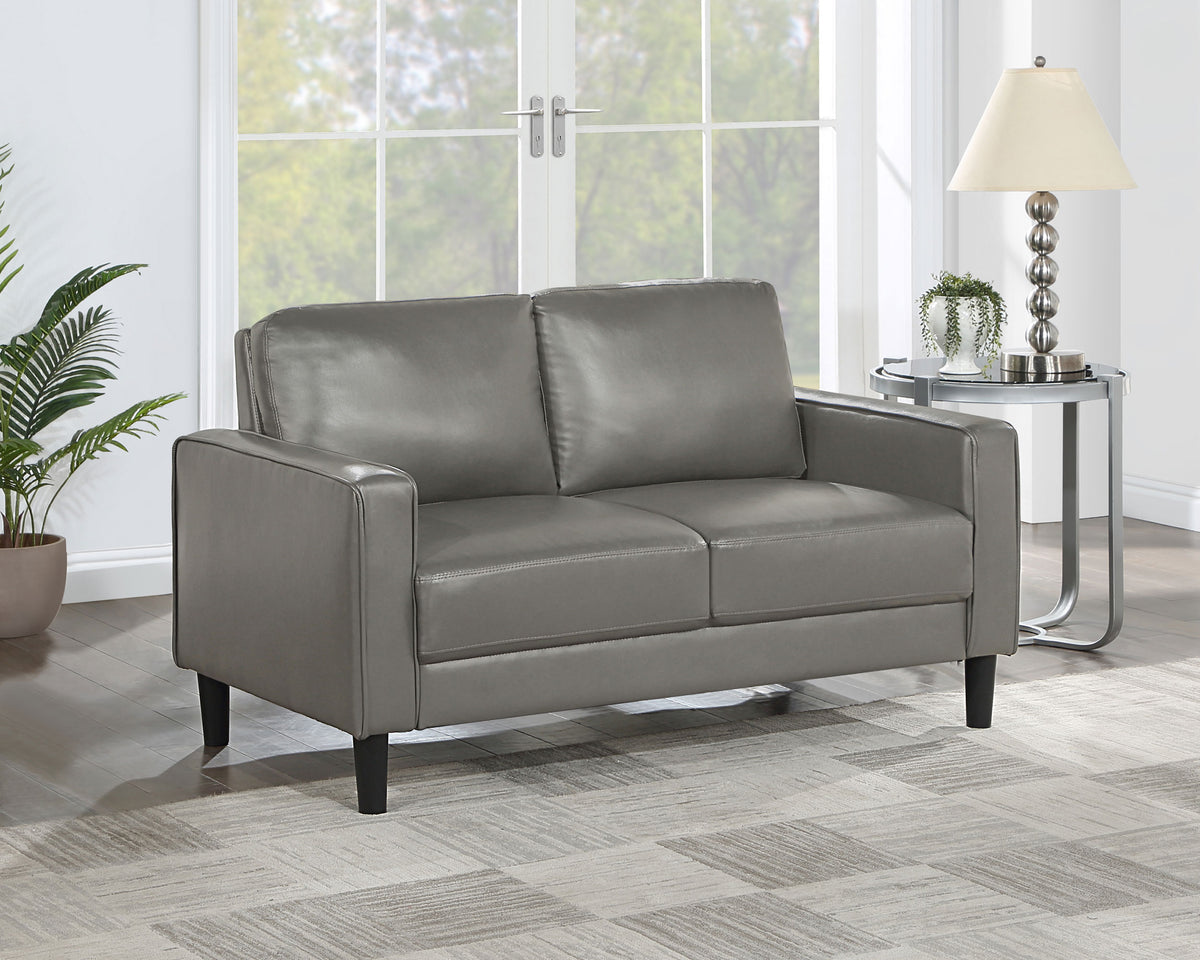Ruth Track Arm Sofa, Loveseat & Chair - Grey Faux Leather with Black Tapered Legs – view 2