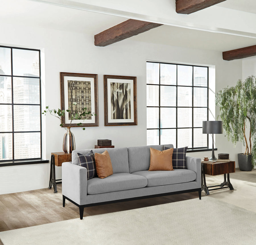 Apperson Track Arm Sofa, Loveseat & Chair - Light Grey Linen-Like Upholstery with Reversible Cushions