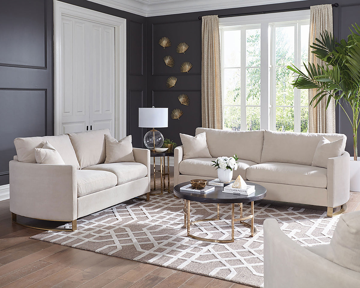 Corliss Curved Track Arm Sofa, Loveseat & Chair - Beige Velvet with Gold Legs, Living Room Sets – view 15