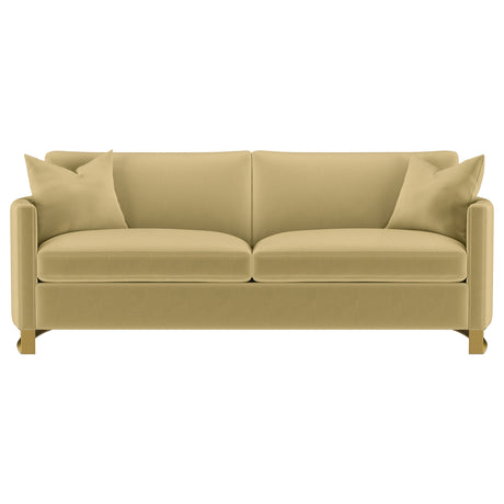 Corliss Curved Track Arm Velvet Sofa, Loveseat & Chair - Camel with Gold Legs, Living Room Sets – view 7