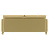 Corliss Curved Track Arm Velvet Sofa, Loveseat & Chair - Camel with Gold Legs, Living Room Sets – view 11