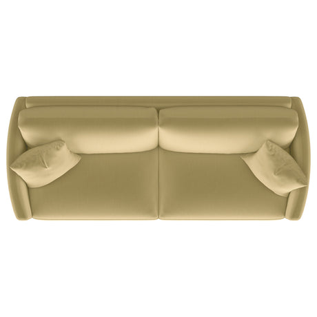 Corliss Curved Track Arm Velvet Sofa, Loveseat & Chair - Camel with Gold Legs, Living Room Sets – view 14