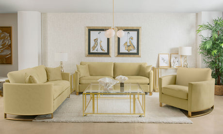 Corliss Curved Track Arm Velvet Sofa, Loveseat & Chair - Camel with Gold Legs, Living Room Sets – view 17