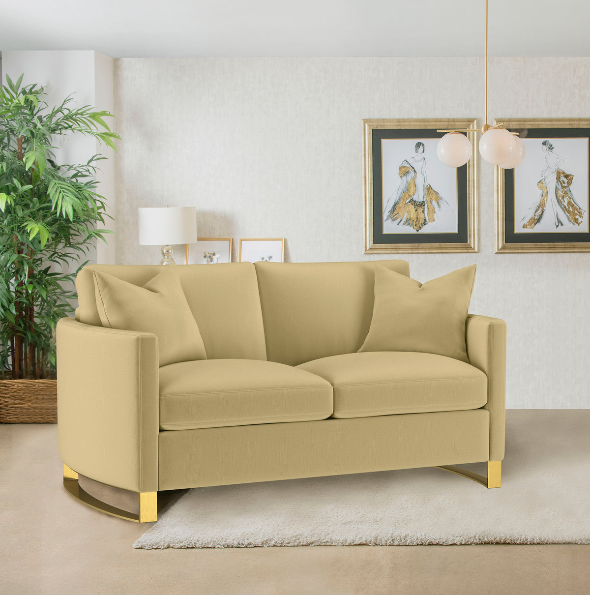 Corliss Curved Track Arm Velvet Sofa, Loveseat & Chair - Camel with Gold Legs, Living Room Sets – view 18