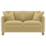 Corliss Curved Track Arm Velvet Sofa, Loveseat & Chair - Camel with Gold Legs, Living Room Sets – view 19