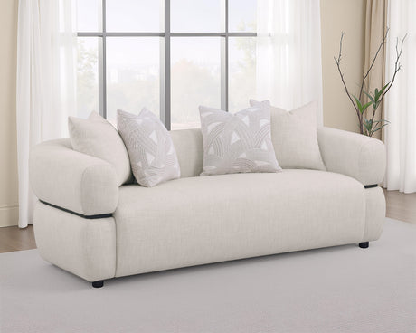 Jeanette Round Arm Sofa, Loveseat & Chair - Sculptural Beige Fabric with Waterfall Seat & Wood Trim – view 1