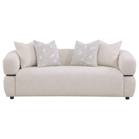 Jeanette Round Arm Sofa, Loveseat & Chair - Sculptural Beige Fabric with Waterfall Seat & Wood Trim – view 9