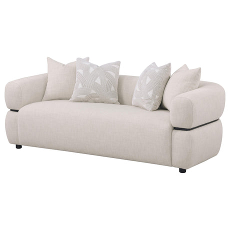 Jeanette Round Arm Sofa, Loveseat & Chair - Sculptural Beige Fabric with Waterfall Seat & Wood Trim – view 10