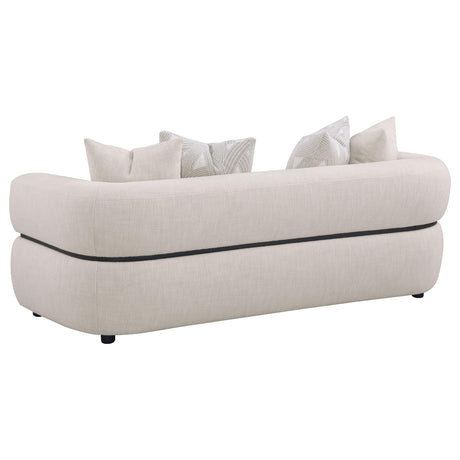 Jeanette Round Arm Sofa, Loveseat & Chair - Sculptural Beige Fabric with Waterfall Seat & Wood Trim – view 12