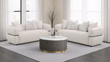 Jeanette Round Arm Sofa, Loveseat & Chair - Sculptural Beige Fabric with Waterfall Seat & Wood Trim – view 18