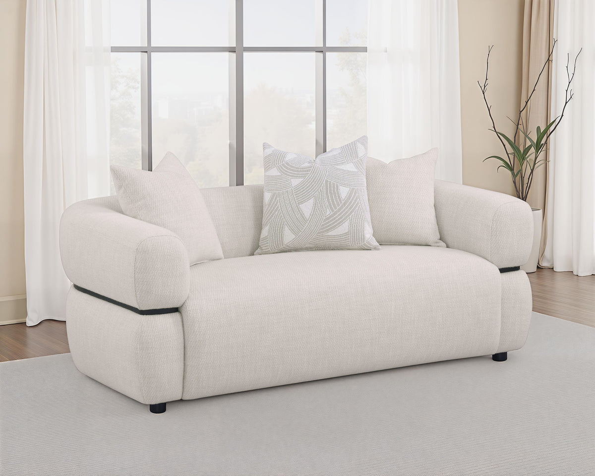 Jeanette Round Arm Sofa, Loveseat & Chair - Sculptural Beige Fabric with Waterfall Seat & Wood Trim – view 2