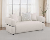 Jeanette Round Arm Sofa, Loveseat & Chair - Sculptural Beige Fabric with Waterfall Seat & Wood Trim – view 2