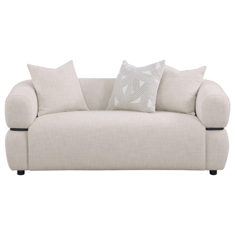 Jeanette Round Arm Sofa, Loveseat & Chair - Sculptural Beige Fabric with Waterfall Seat & Wood Trim – view 20