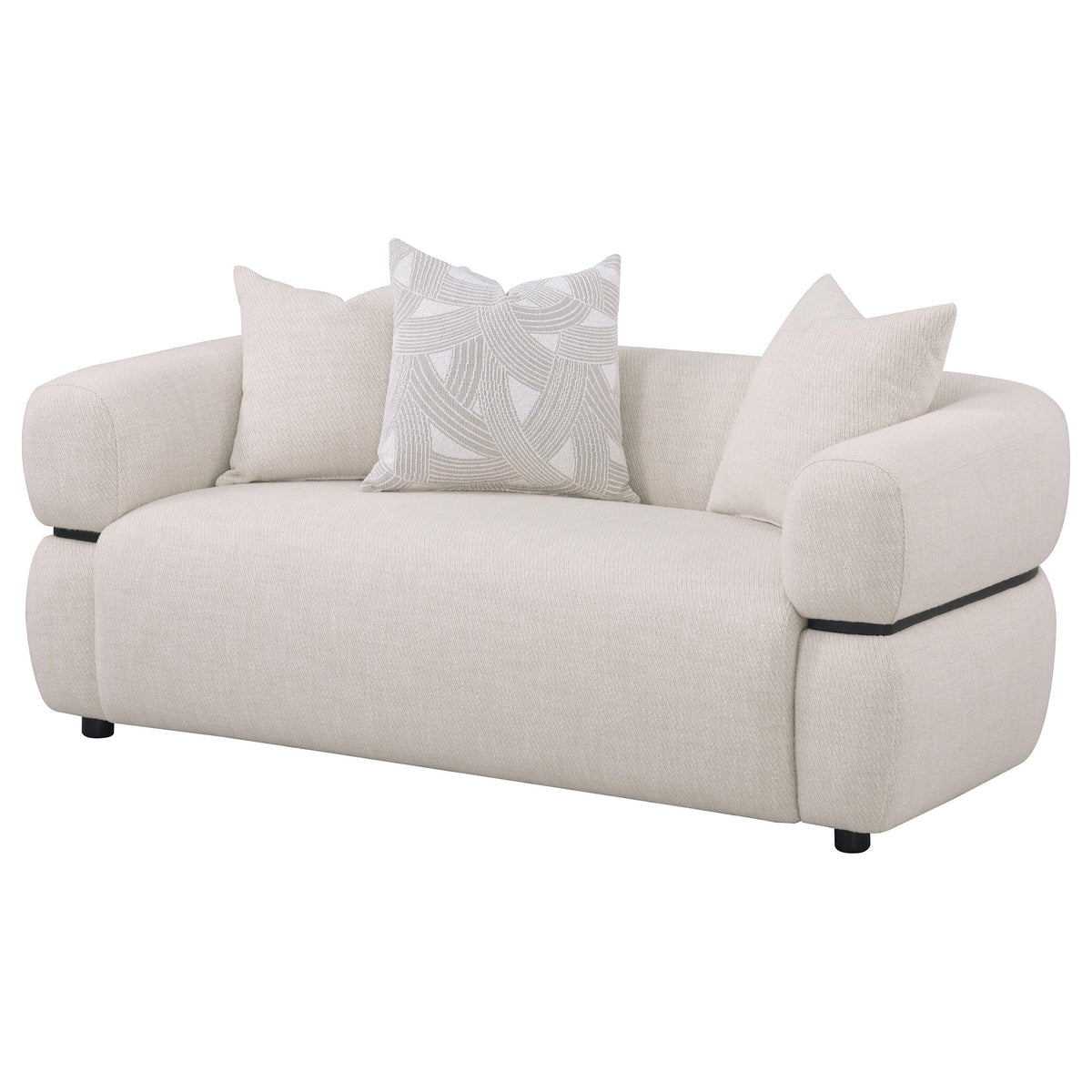 Jeanette Round Arm Sofa, Loveseat & Chair - Sculptural Beige Fabric with Waterfall Seat & Wood Trim