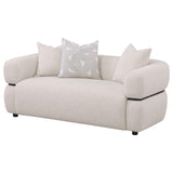 Jeanette Round Arm Sofa, Loveseat & Chair - Sculptural Beige Fabric with Waterfall Seat & Wood Trim