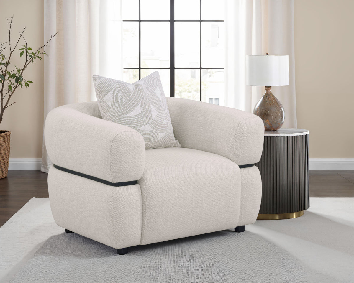 Jeanette Round Arm Sofa, Loveseat & Chair - Sculptural Beige Fabric with Waterfall Seat & Wood Trim - lifestyle
