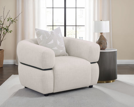 Jeanette Round Arm Sofa, Loveseat & Chair - Sculptural Beige Fabric with Waterfall Seat & Wood Trim - lifestyle