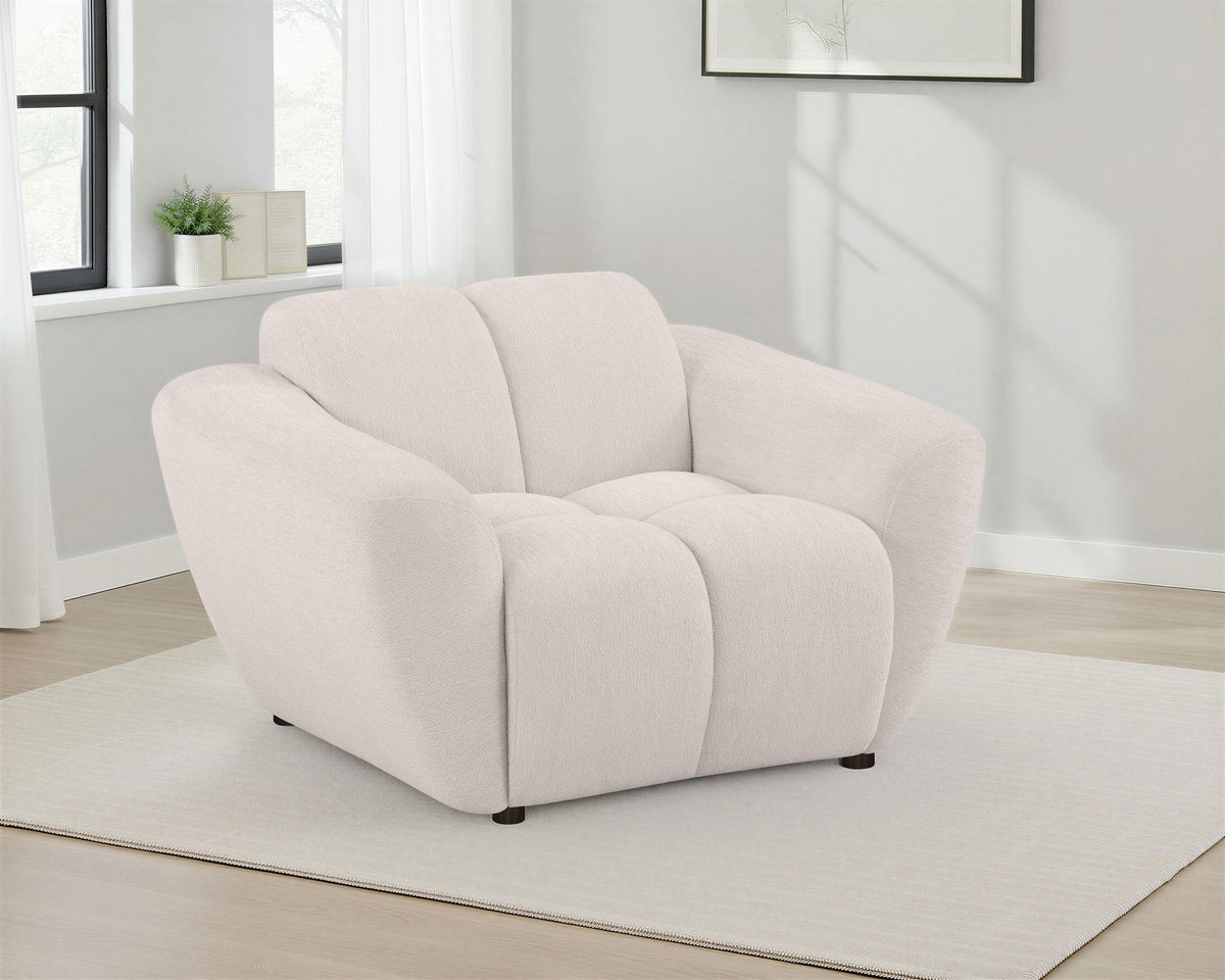 Destino Splayed Arm Sofa, Loveseat & Accent Chair - Channel-Tufted Greige Chenille, Modern Living Room Sets - lifestyle