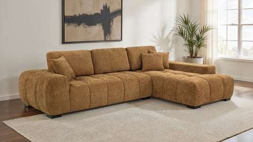 Octavia Sectional with Chaise, Accent Chair & Ottoman - Mid-Century Grid-Tufted Amber Fabric
