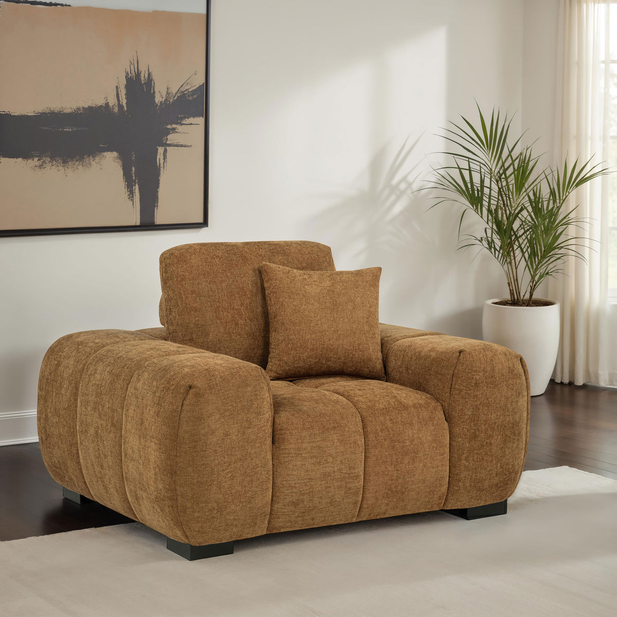 Octavia Sectional with Chaise, Accent Chair & Ottoman - Mid-Century Grid-Tufted Amber Fabric – view 2