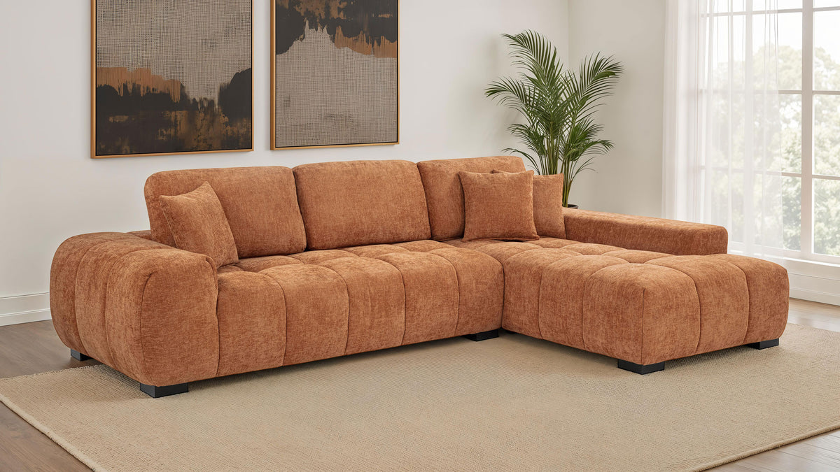Octavia Chaise Sectional, Accent Chair & Ottoman - Mid-Century Grid-Tufted Orange Fabric – view 1