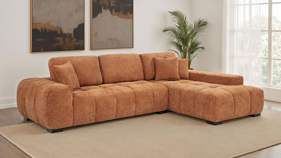 Octavia Chaise Sectional, Accent Chair & Ottoman - Mid-Century Grid-Tufted Orange Fabric