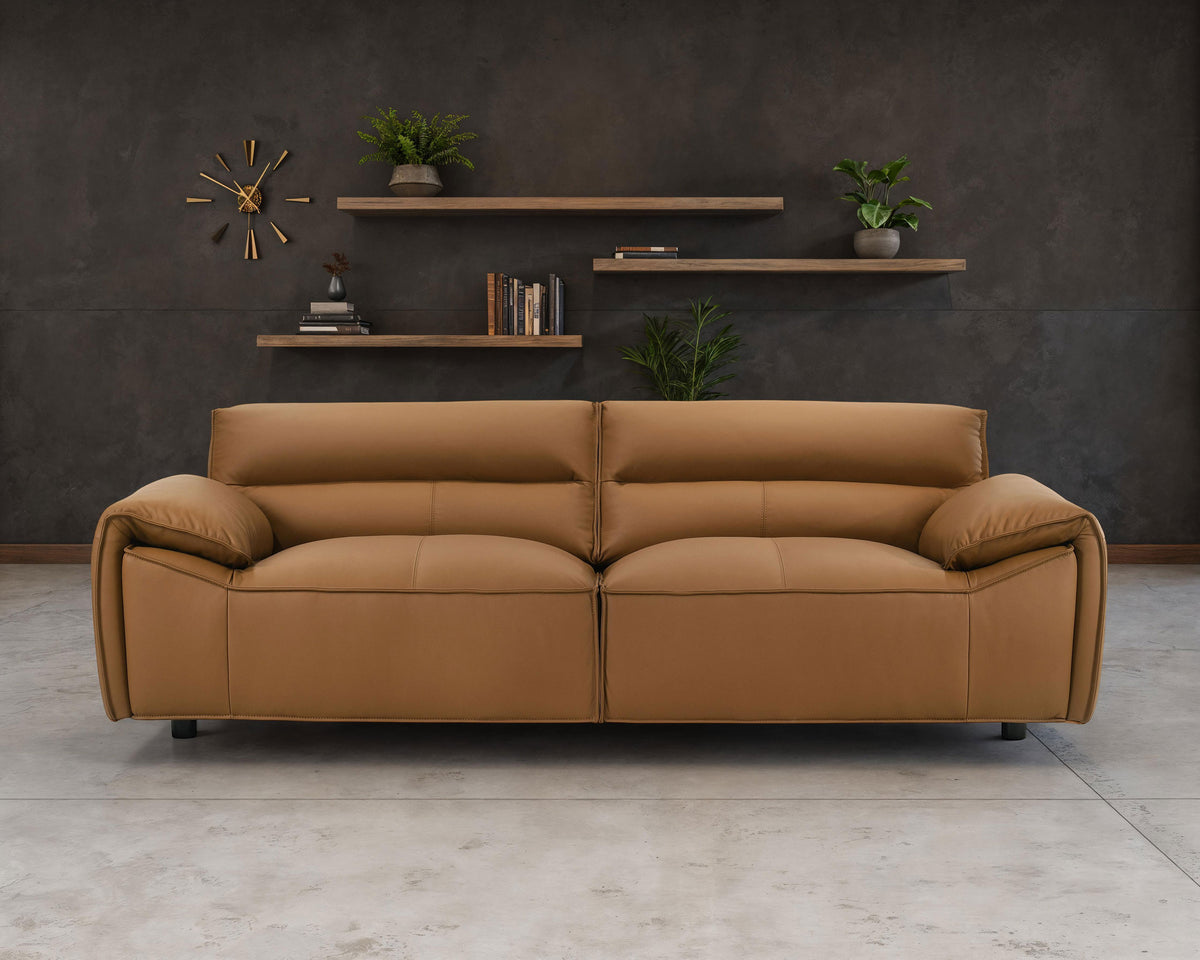 Buxton Top Grain Leather Sofa & Loveseat - Low-Profile Track Arms in Orange, Modern Living Room Sets – view 1