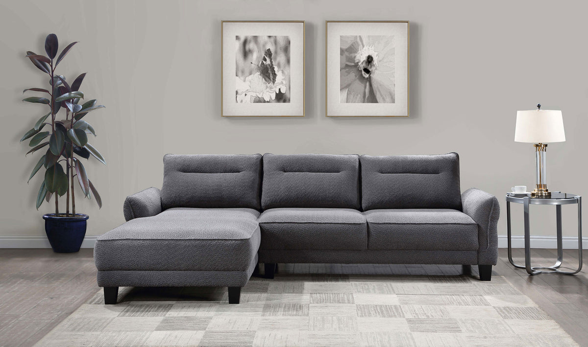 Caspian Curved Arm Boucle Chaise Sectional Sofa - Pocket Coil Seating in Grey with Black Tapered Legs – view 1