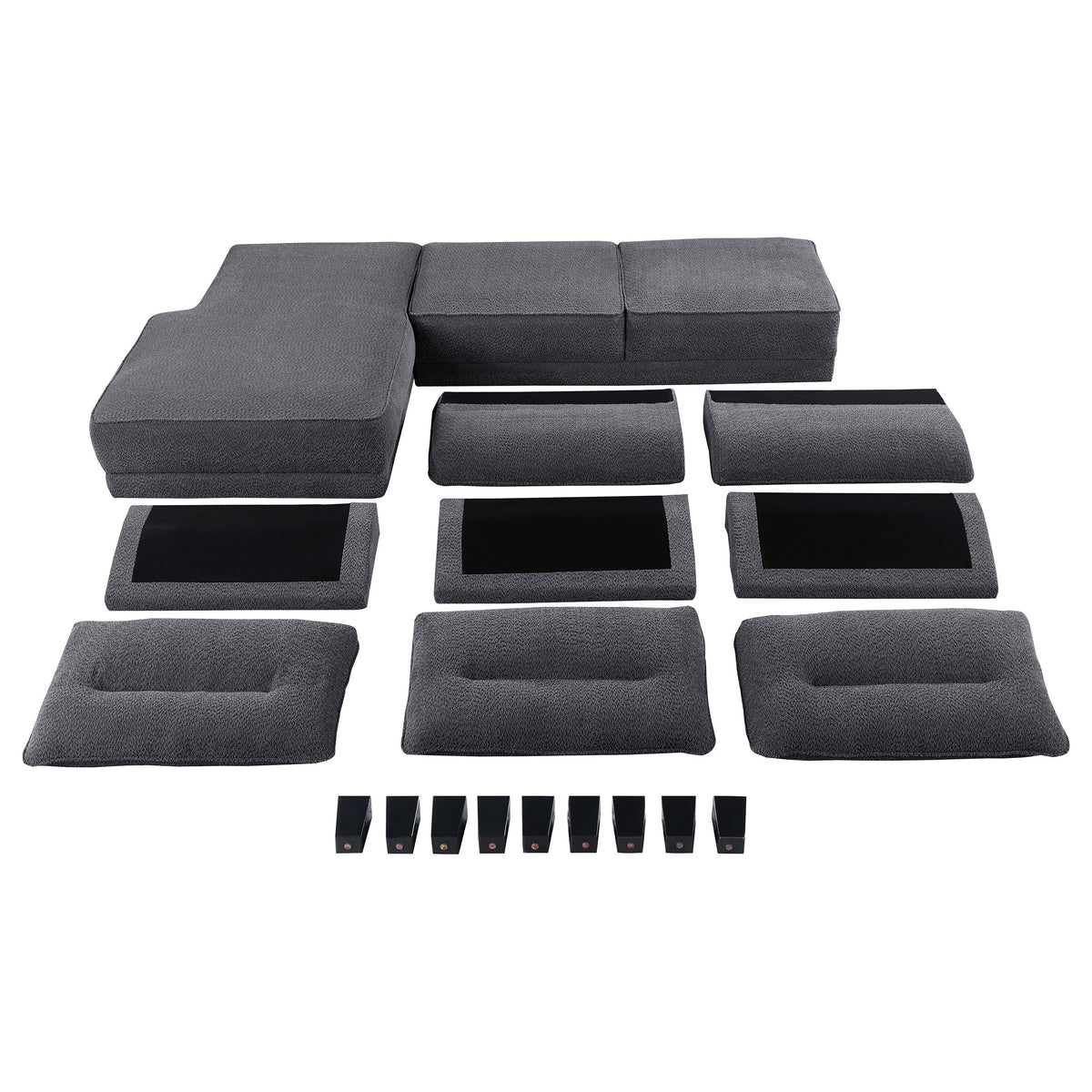 Caspian Curved Arm Boucle Chaise Sectional Sofa - Pocket Coil Seating in Grey with Black Tapered Legs – view 14